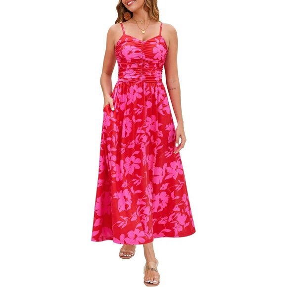 Dresses & Skirts - Women's Red Spring Summer Adjustable Spaghetti Strap Floral Beach Long Maxi